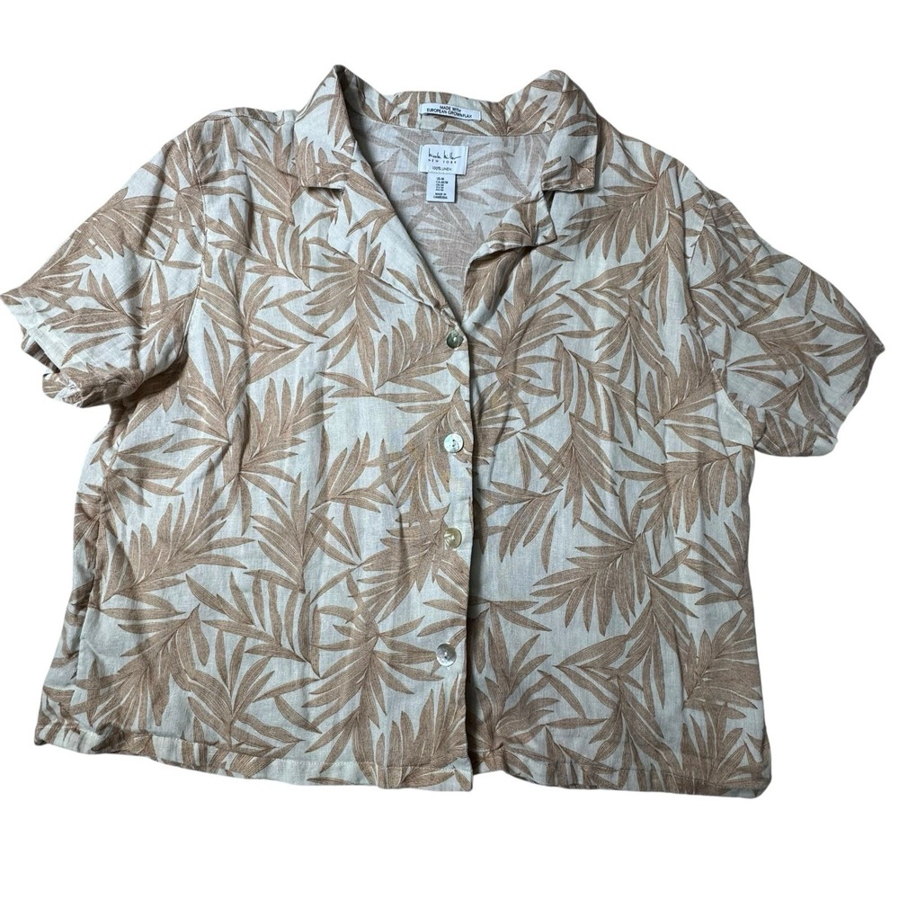 Nicole Miller Linen Top Women's Medium Button‎ Up Shirt Short Sleeve Floral Tan
